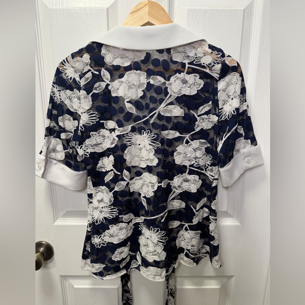 Anne Fontaine Christy Lace Blouse Navy Polka Dot Mesh Floral Shawl Collar L / 44 - Picture 3 of 16